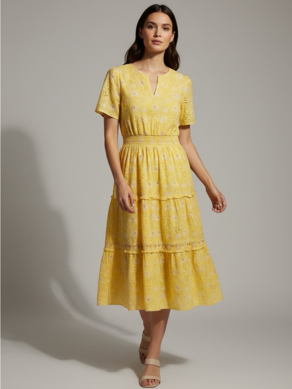 New TAHARI Yellow Eyelet Tiered Midi Dress with Smocked Waist Size Large